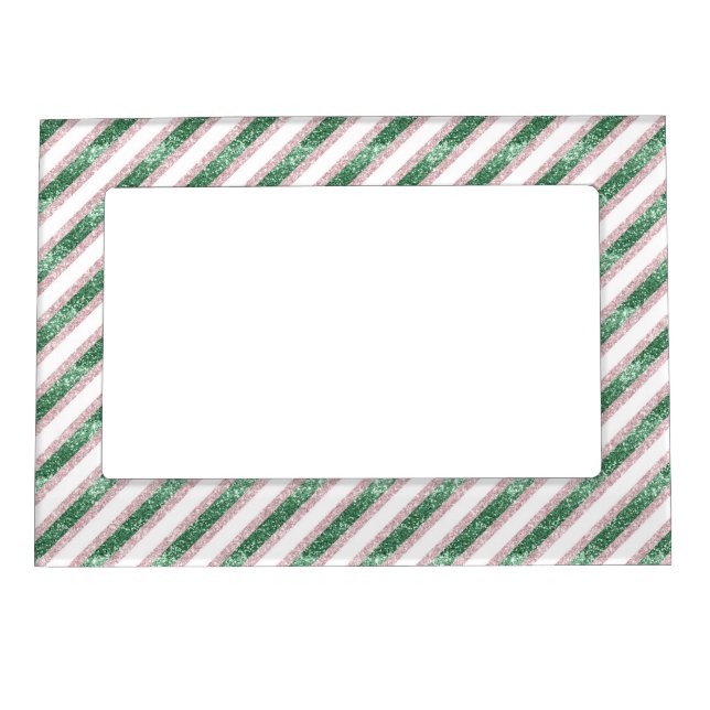 Blush Pink Green Glitter Stripes Christmas  Magnetic Frame (Front)