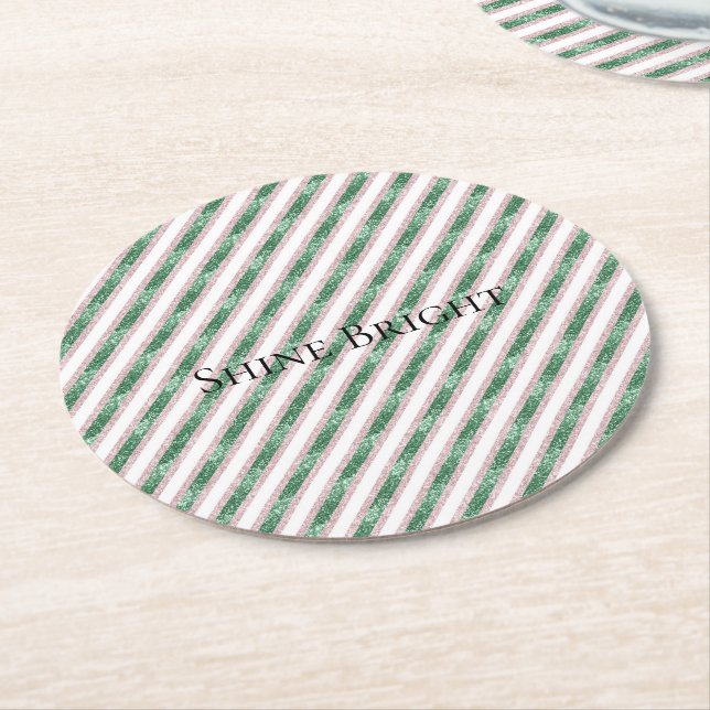 Blush Pink Green Glitter Stripes Christmas   Round Paper Coaster (Angled)