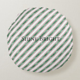 Blush Pink Green Glitter Stripes Christmas   Round Pillow