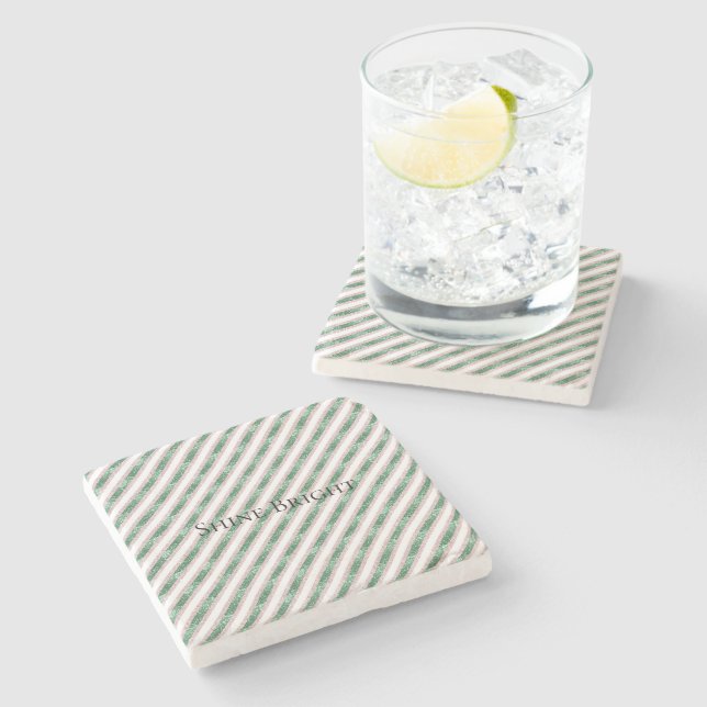 Blush Pink Green Glitter Stripes Christmas   Stone Coaster (Side)