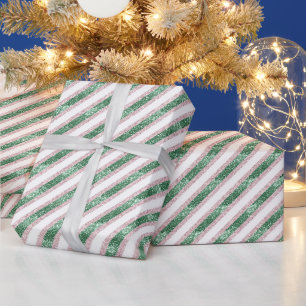 Blush Pink Green Glitter Stripes Christmas Wrapping Paper