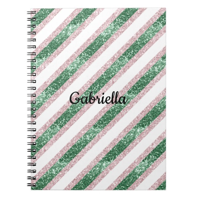 Blush Pink Green Glitter Stripes Notebook (Front)