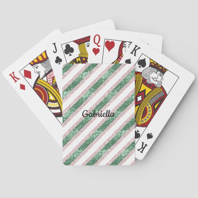 Blush Pink Green Glitter Stripes Poker Cards (Back)