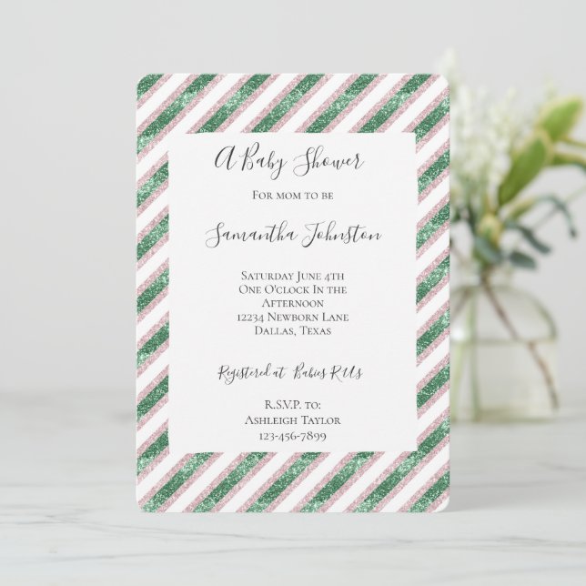Blush Pink Green Glitzy Glam Stripes Baby Shower Invitation (Standing Front)