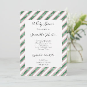 Blush Pink Green Glitzy Glam Stripes Baby Shower Invitation