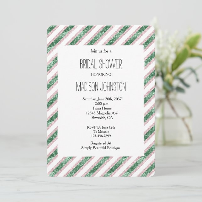 Blush Pink Green Glitzy Glam Stripes Bridal Shower Invitation (Standing Front)