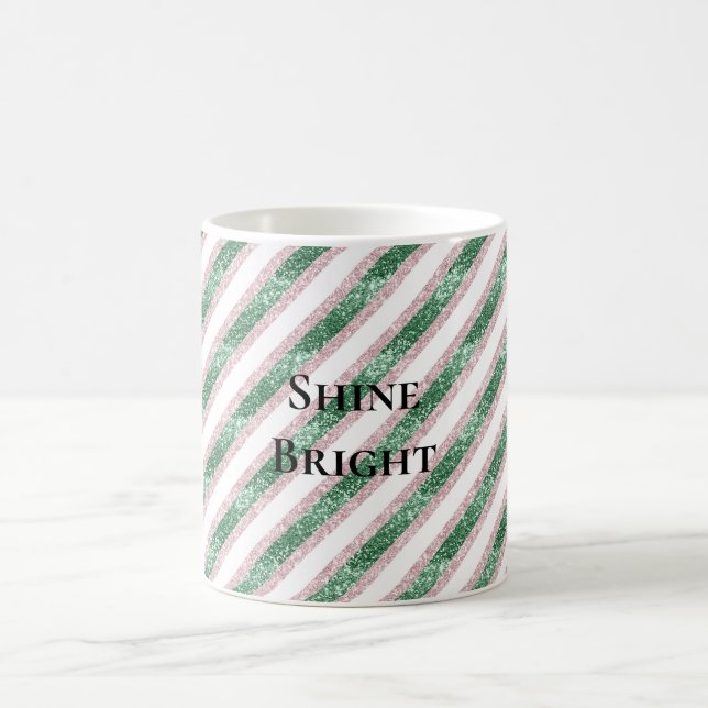 Blush Pink Green Glitzy Glitter Stripes Christmas Coffee Mug (Center)