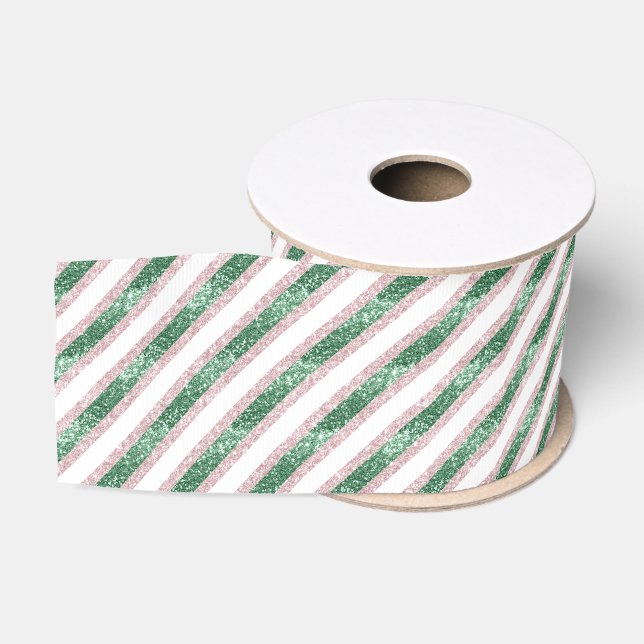 Blush Pink Green Glitzy Glitter Stripes Christmas Grosgrain Ribbon (Spool)