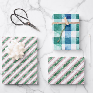 Blush Pink Green Glitzy Glitter Stripes Christmas Wrapping Paper Sheets