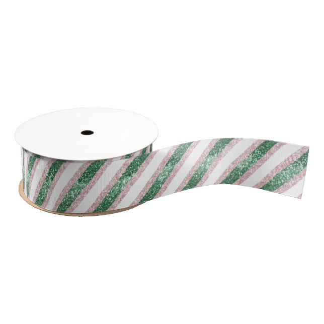 Blush Pink Green Glitzy Stripes Christmas Grosgrain Ribbon (Spool)
