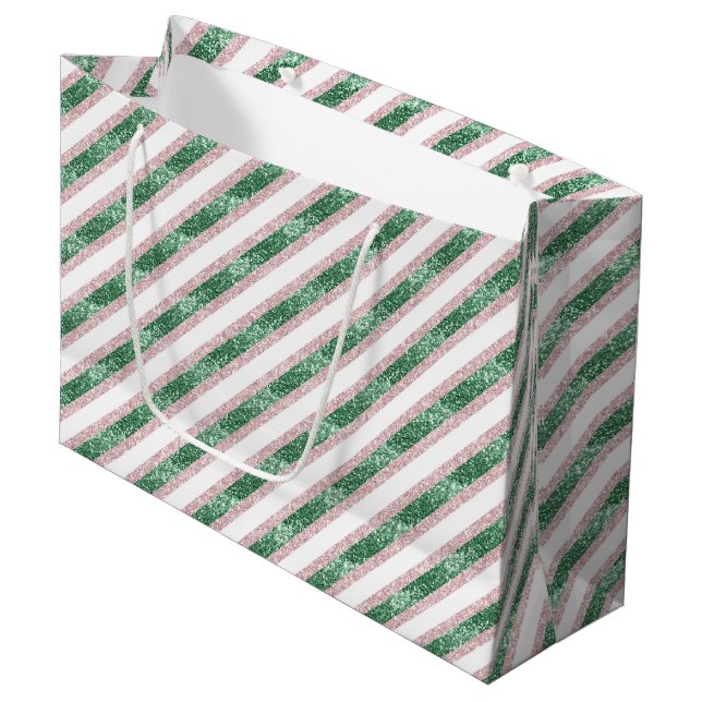 Blush Pink Green Glitzy Stripes Christmas Large Gift Bag (Front Angled)