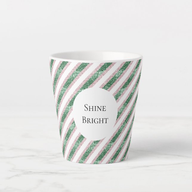 Blush Pink Green Glitzy Stripes Christmas Latte Mug (Front)