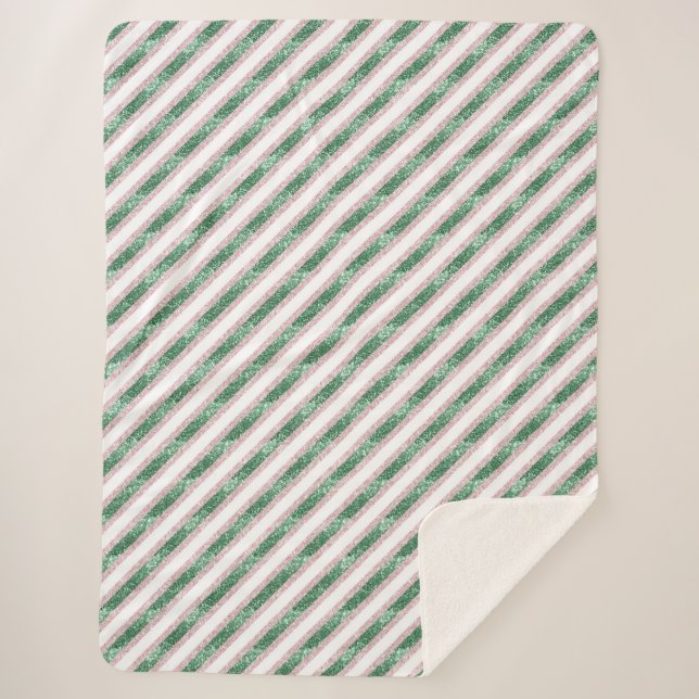 Blush Pink Green Glitzy Stripes Christmas Sherpa Blanket (Front)