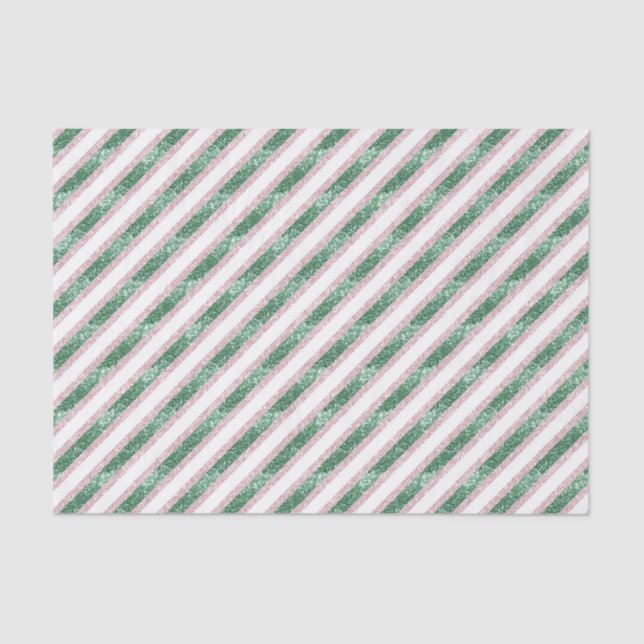 Blush Pink Green Glitzy Stripes Christmas Tissue Paper (Front)