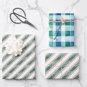 Blush Pink Green Glitzy Stripes Christmas Wrapping Paper Sheets