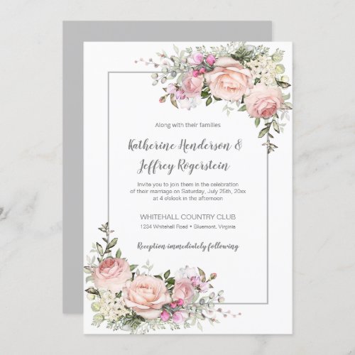 Blush Pink Green Gray Watercolor Floral Wedding Invitation
