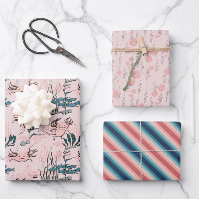 Blush Pink & Green Mexican Salamander Axolotl Girl Wrapping Paper Sheets (Front)