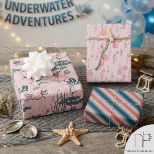 Blush Pink & Green Mexican Salamander Axolotl Girl Wrapping Paper Sheets