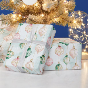 Blush Pink Green Ornaments Christmas Wrapping Paper