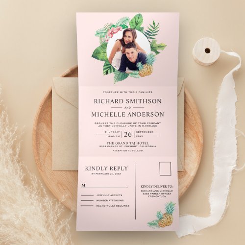 Blush Pink Green Palm Leaves Wreath Photo Wedding Tri_Fold Invitation