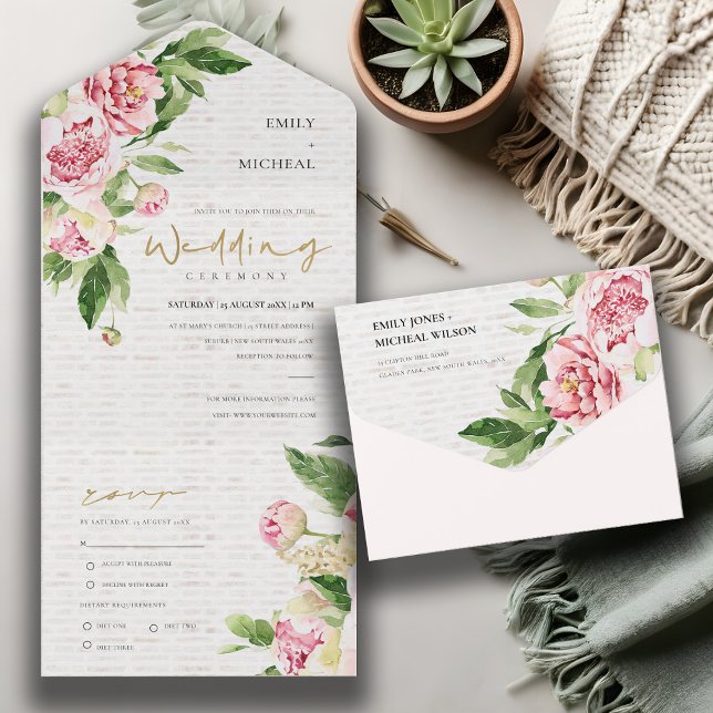 BLUSH PINK GREEN PEONY FLORAL BRICK WASH WEDDING ALL IN ONE INVITATION (Creator Uploaded)