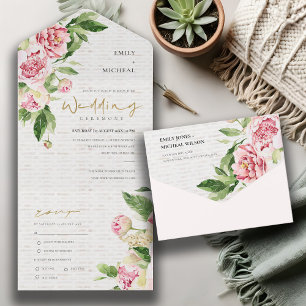 BLUSH PINK GREEN PEONY FLORAL BRICK WASH WEDDING ALL IN ONE INVITATION