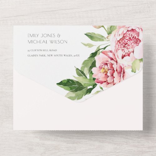 BLUSH PINK GREEN PEONY FLORAL WATERCOLOR WEDDING A ALL IN ONE INVITATION