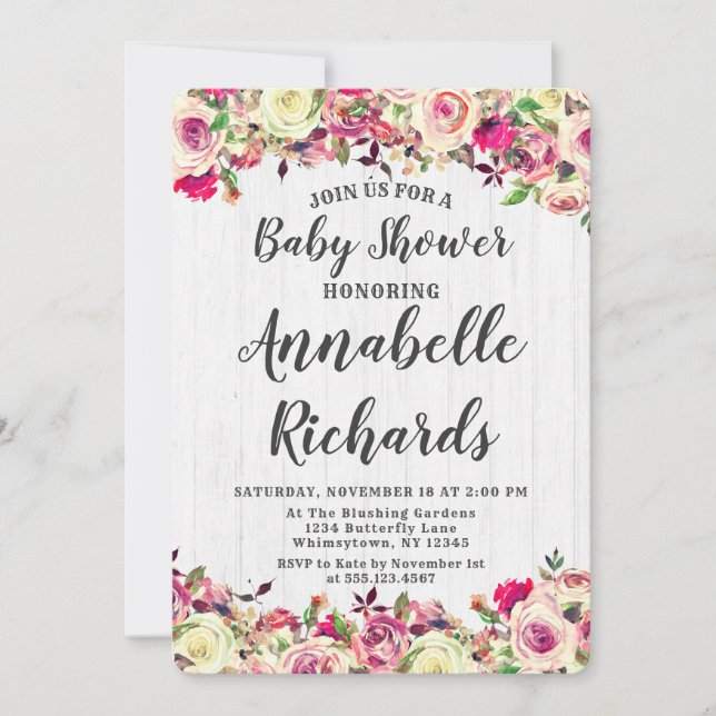 Blush Pink & Green Rose Baby Shower Invitation (Front)