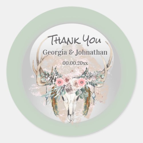 Blush pink green stag antlers rose boho thank you classic round sticker