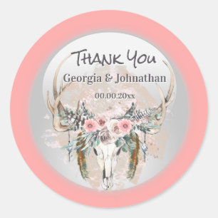 Blush pink green stag antlers rose boho thanks classic round sticker