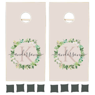 BLUSH PINK GREEN SUCCULENT WREATH FOLIAGE MONOGRAM CORNHOLE SET