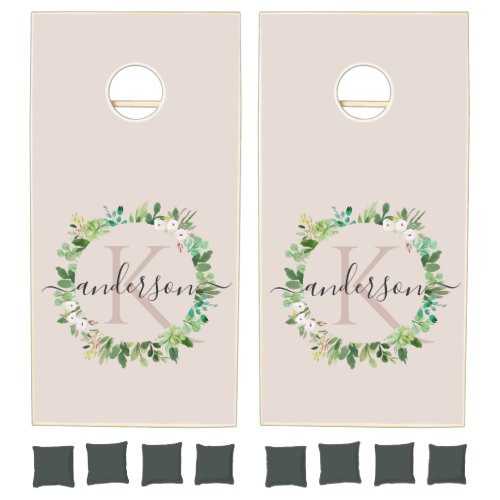 BLUSH PINK GREEN SUCCULENT WREATH FOLIAGE MONOGRAM CORNHOLE SET