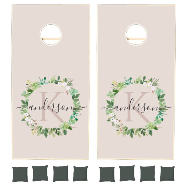 BLUSH PINK GREEN SUCCULENT WREATH FOLIAGE MONOGRAM CORNHOLE SET (Set)