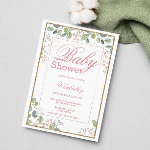 Blush pink green watercolor floral Baby Shower Invitation