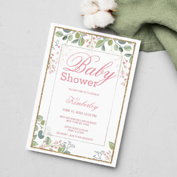 Blush Pink Green Watercolor Floral Baby Shower  Invitation by kicksdesign at Zazzle