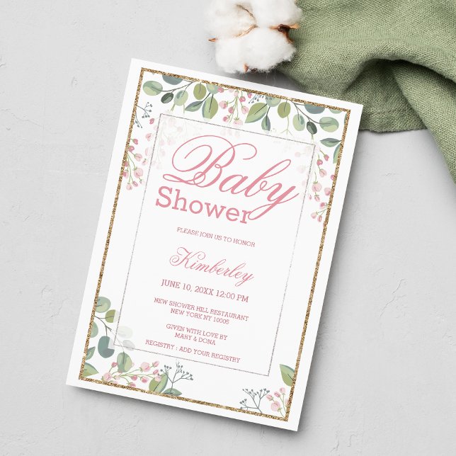 Blush pink green watercolor floral Baby Shower  Invitation (Blush pink green watercolor floral Baby Shower)
