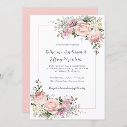 Blush Pink Green Watercolor Floral Wedding Invitation