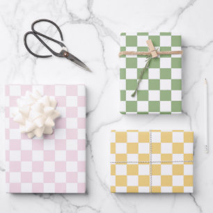 Blush Pink Green Yellow Checkered Squares Birthday Wrapping Paper Sheets
