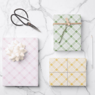 Blush Pink Green Yellow Plaid Stripes Birthday Wrapping Paper Sheets