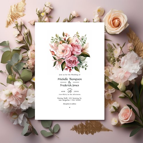 Blush Pink Greenery and Cinnamon Rose Wedding Invitation
