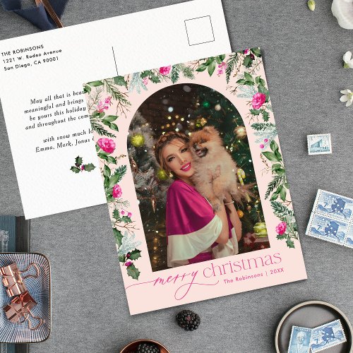 Blush Pink Greenery Arch Christmas Photo Holiday Postcard