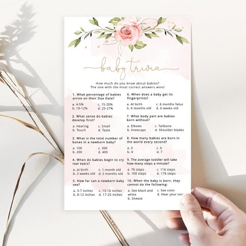 Blush pink greenery baby trivia game