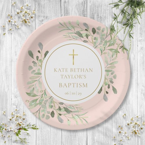Blush Pink Greenery Baptism Christening Paper Plates
