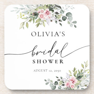 Blush Pink Greenery Bridal Shower Beverage Beverage Coaster