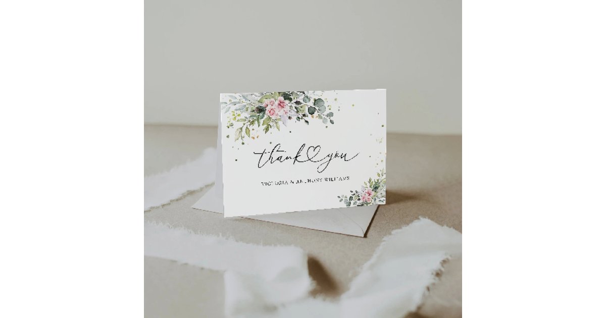Blush Pink Greenery Bridal Shower Flat Thank You Card | Zazzle