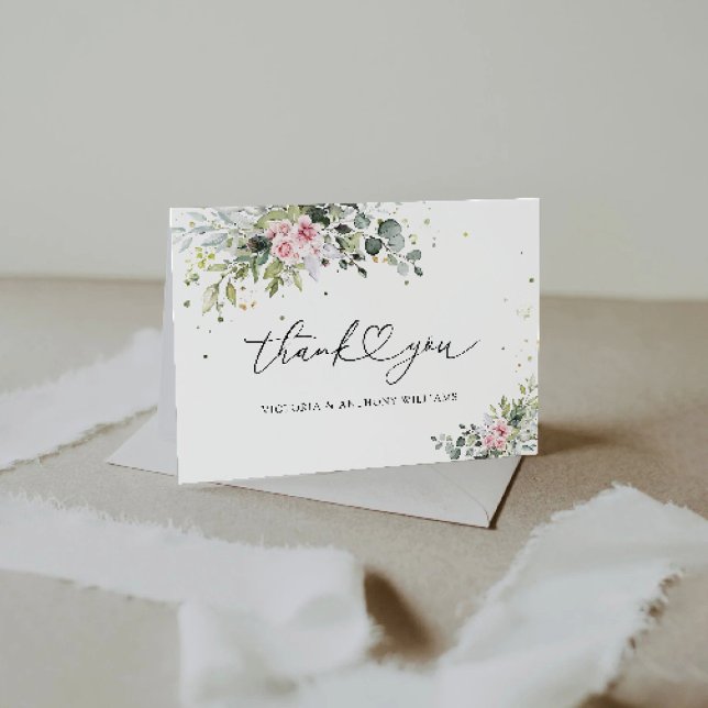 Blush Pink Greenery Bridal Shower Flat  Thank You Card (Creator Uploaded)
