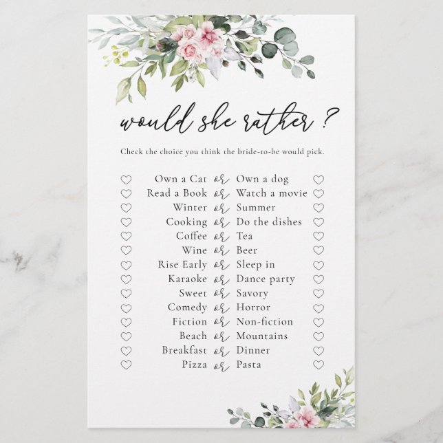 Blush Pink Greenery Bridal Shower Game (Front)