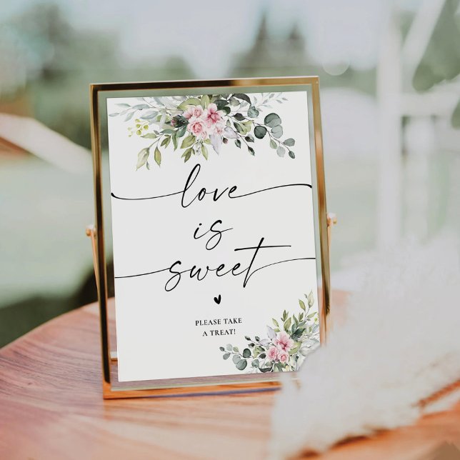 Blush Pink Greenery Bridal Shower Love Is Sweet Pedestal Sign (Creator Uploaded)