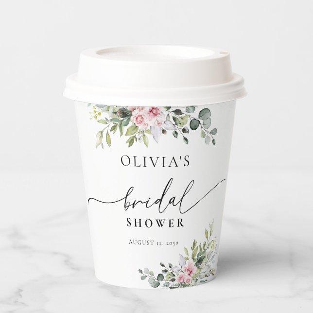 Blush Pink Greenery Bridal Shower Paper Cups (Front)