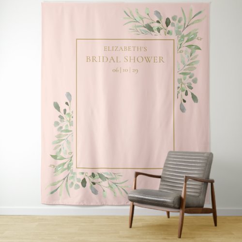 Blush Pink Greenery Bridal Shower Photo Backdrop - Featuring delicate watercolor greenery leaves on a blush pink background, this chic bridal shower photo booth backdrop can be personalized with the bride's name and special date. Designed by Thisisnotme©
